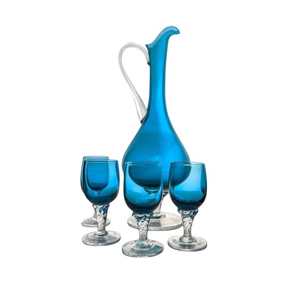 Vintage Cobalt Blue Art Glass Decanter Set: Mid-Century Modern Barware - Picture 10 of 10